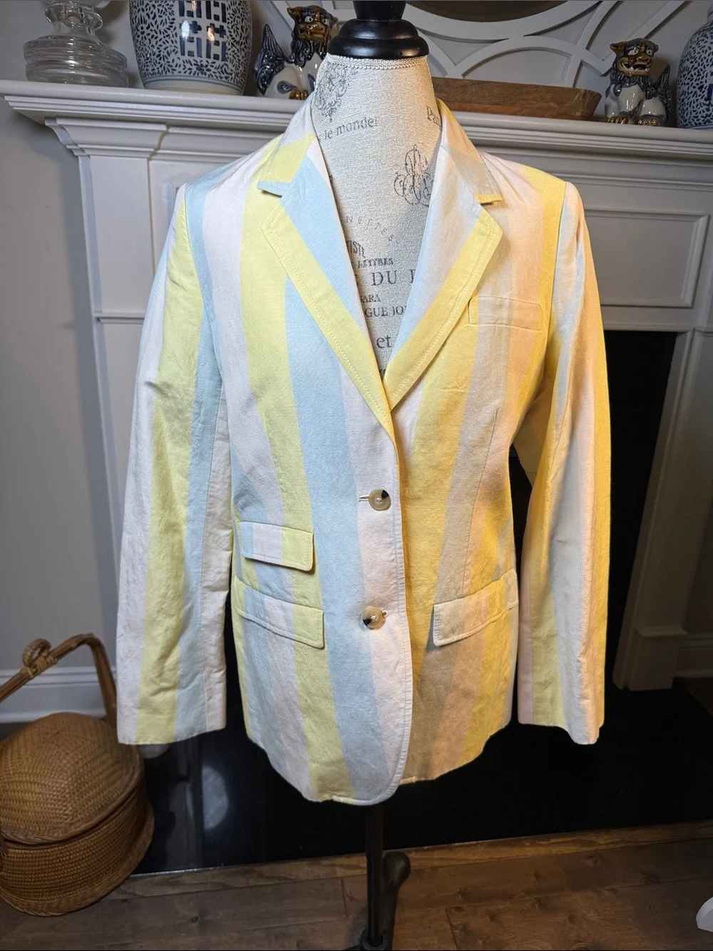 Tory Burch Yellow, White and Pale Blue Striped Pants and Blazer